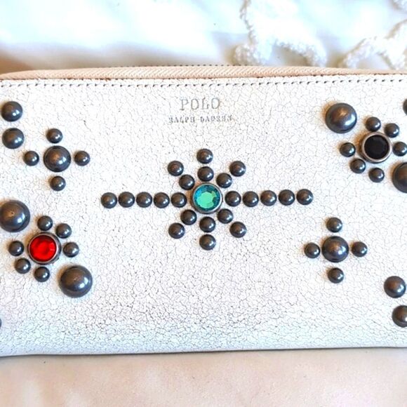 POLO Ralph Lauren Jewel/ Studded Ivory Distressed Zip Around Wallet NWOT - Picture 3 of 13
